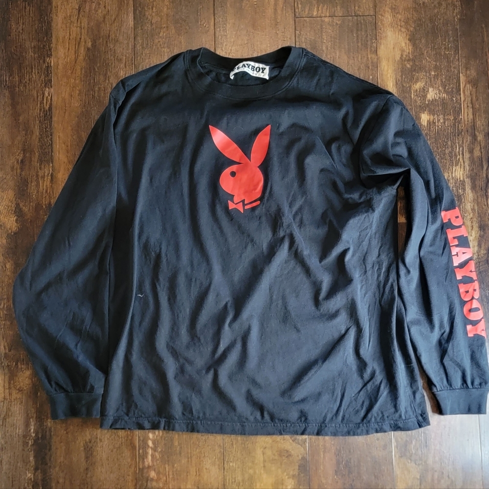 Pacsun Playboy Shirt Mens Size XL, Black Long Sleeve Red Graphic Logo Spell Out